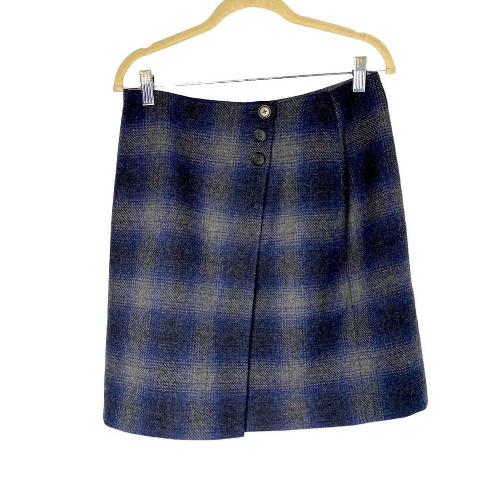 Ralph Lauren Women's Lambswool Grey/Blue Plaid Mini Wrap Skirt Size 10